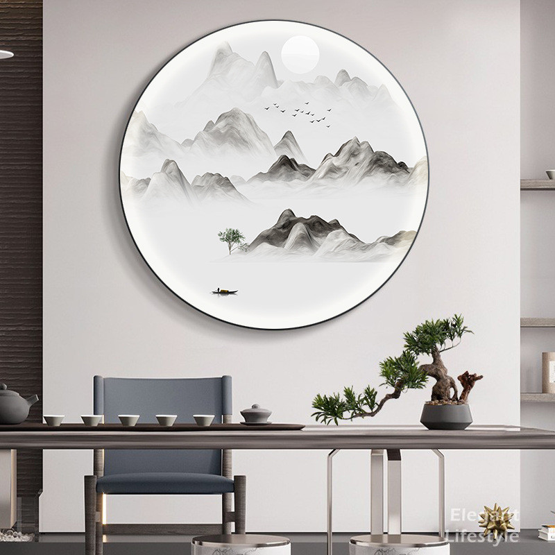 新中式装饰画LED壁灯画茶室圆形山水画客厅走廊过道玄关创意挂画图片