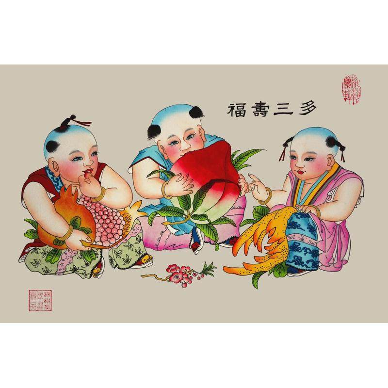 7oxw杨柳青年画娃娃连年手绘宣纸有余出国礼品中国风特色礼品四季