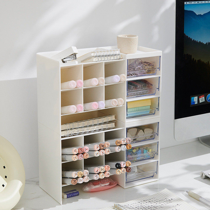 斜插式彩笔马克笔多功能笔筒收纳盒抽屉一体办公室学生儿童桌面v