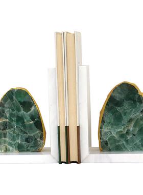 天然现代新古典书房摆件简约轻奢绿水晶石书档样板间玄关装饰书夹