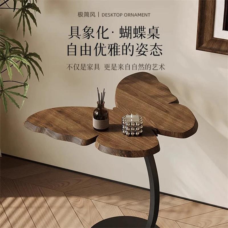简约创意蝴蝶边几黑胡桃色木小茶几中古风客厅沙发卧室床头柜桌子