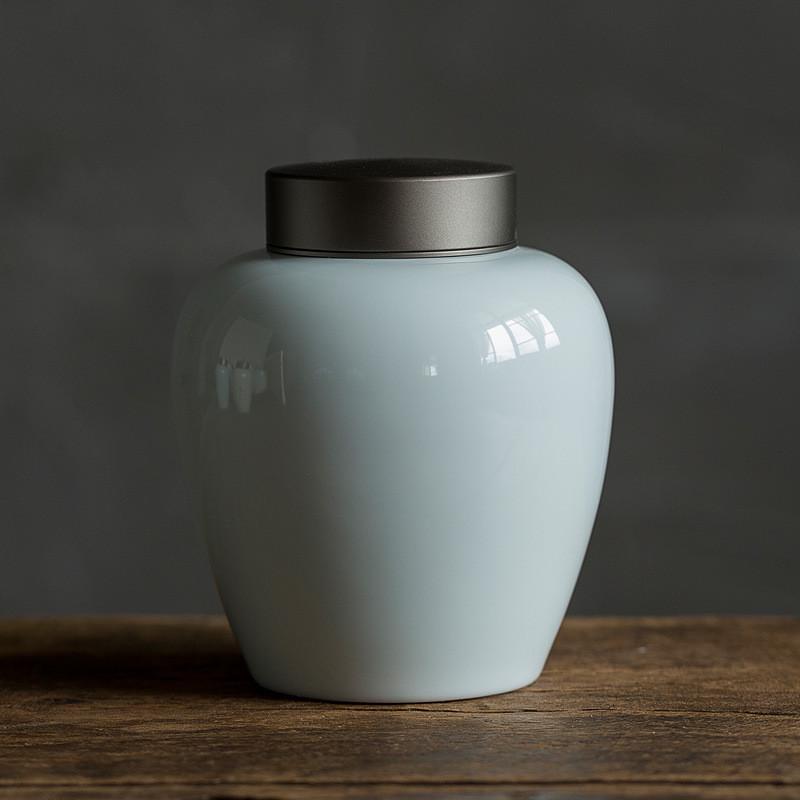 茶盖青瓷茶叶罐白瓷密封储家用茶道零配件手工陶瓷铝合金仓茶罐