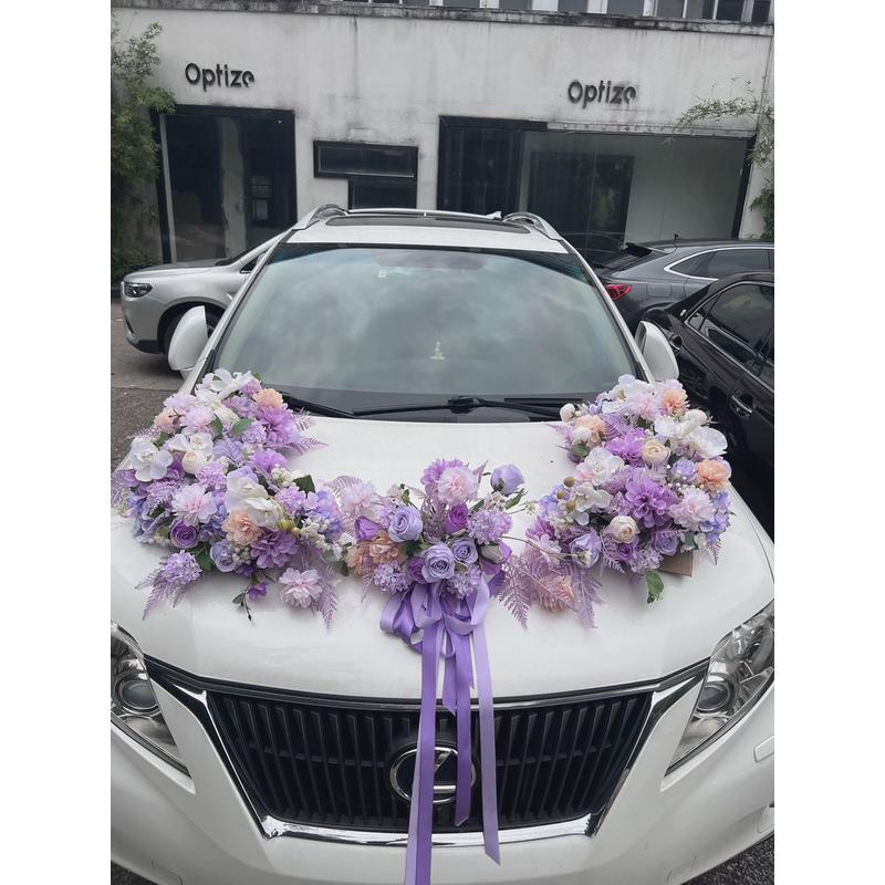 婚车装饰主婚车头车花艺 仿真花紫色带吸盘花艺定制