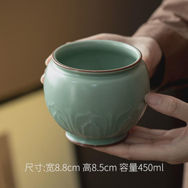弥功夫青瓷梅子青浮雕建水家用陶瓷杯洗茶洗茶渣斗言茶道配件复古