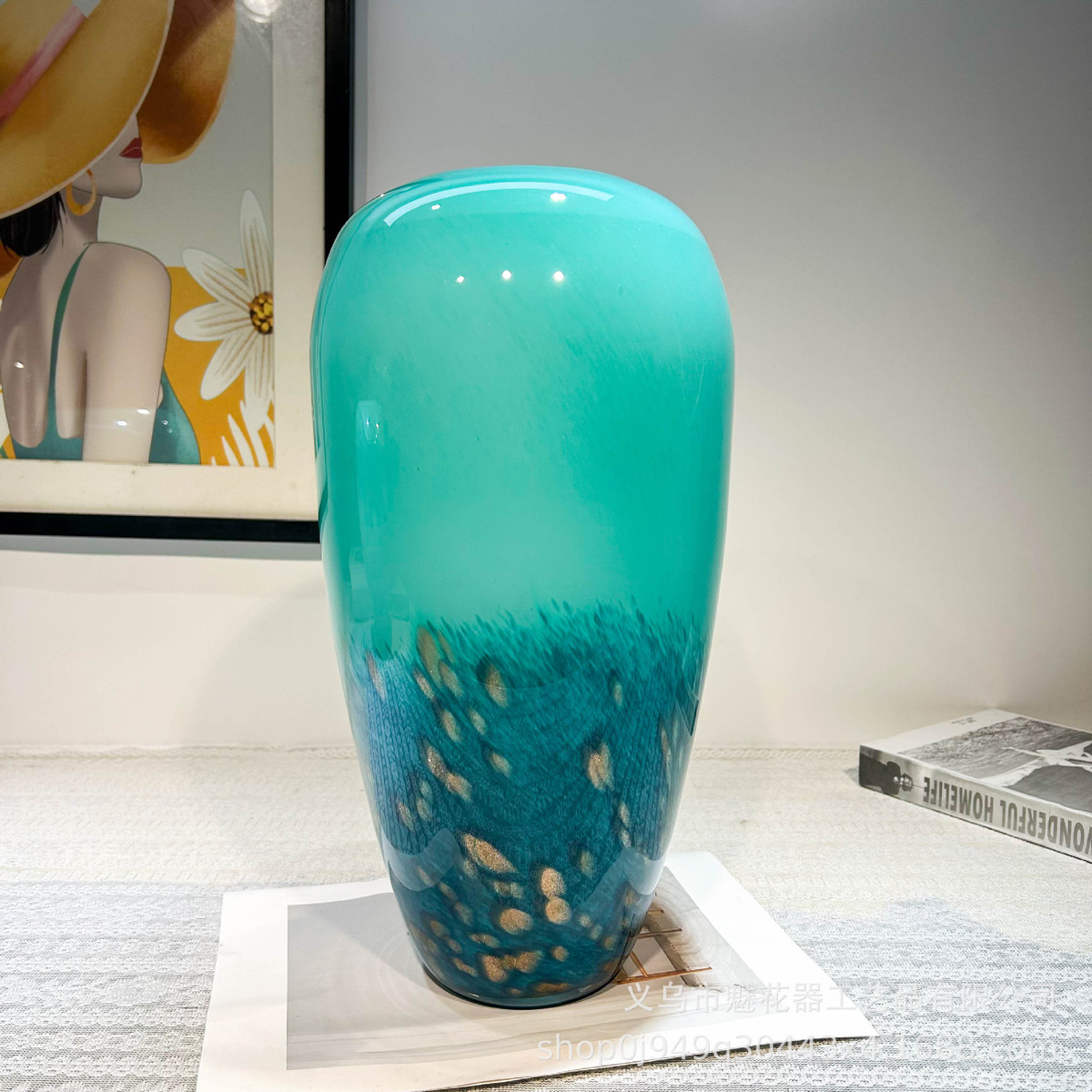 天水碧渐变孔雀翎手工大口径琉璃花瓶电视柜博古架高级样板间摆件