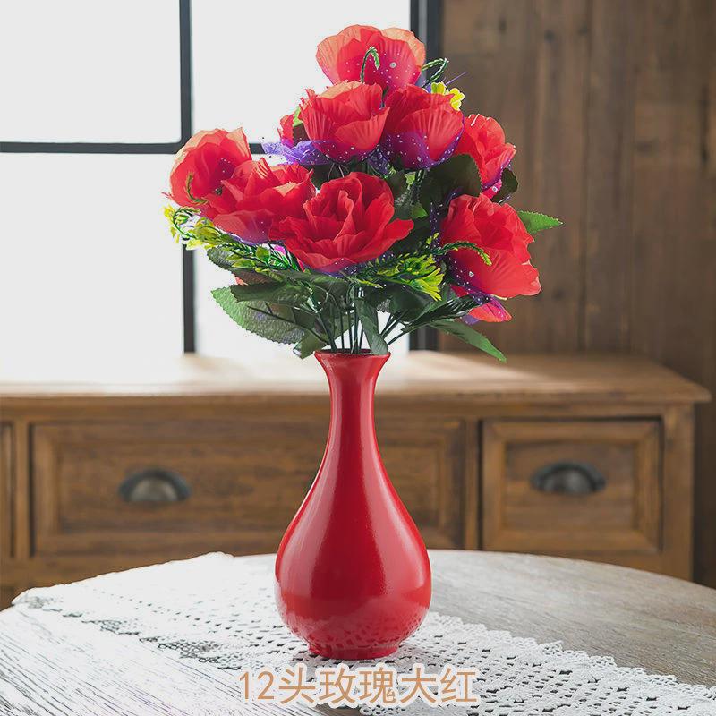 新款红花瓶带花一对结婚假花仿真花摆设客厅上档次假花花束