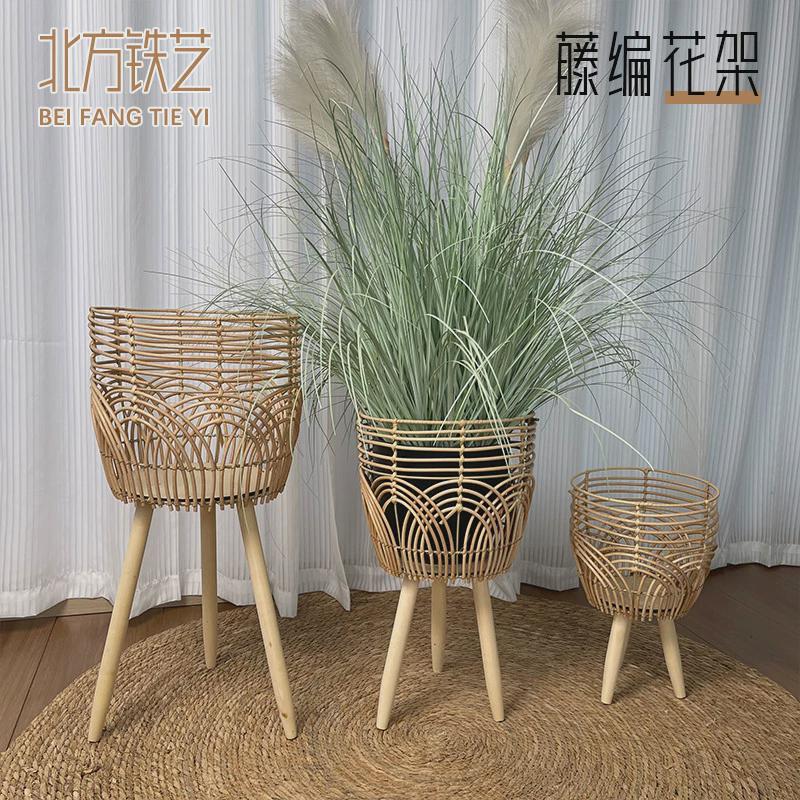 藤编花架手工花篮客厅室内草编木质简约编织篮创意原木草编花盆