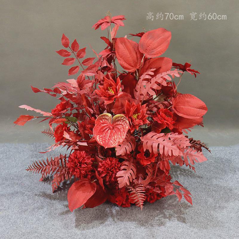 婚庆红色盆花背景婚礼花艺花球桔色金色桌花路引花装饰花中式道具