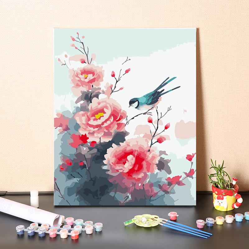 数字油画diy填充牡丹花和喜鹊中式客厅装饰手工填色油彩丙烯画画图片