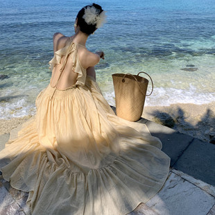 超仙海边度假连衣裙仙女夏季 现货法式 性感露背绝美长裙氛围感拍照