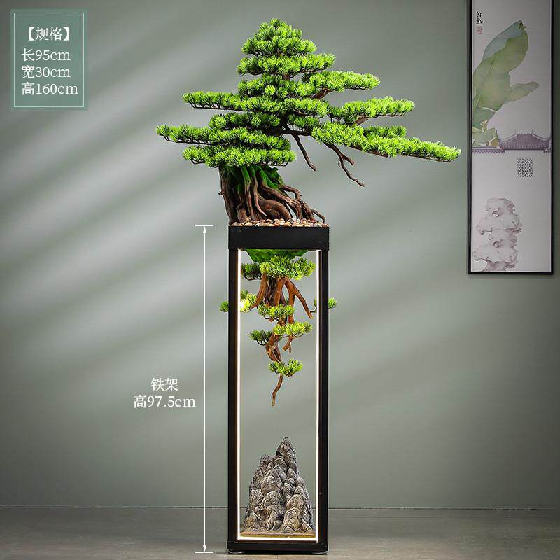 新中式崖柏盆栽仿真迎客松高端绿植摆件造景茶室装饰仿真树玄关
