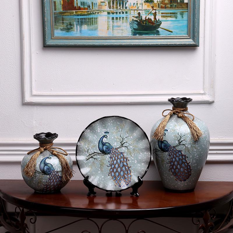 家居美式陶瓷花瓶摆盘三件套简约欧式创意客厅装饰手工艺品摆件