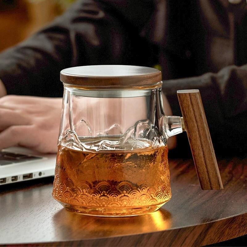 玻璃茶杯茶水单独分离带木盖高颜值高品质三件套办公室透明泡茶杯