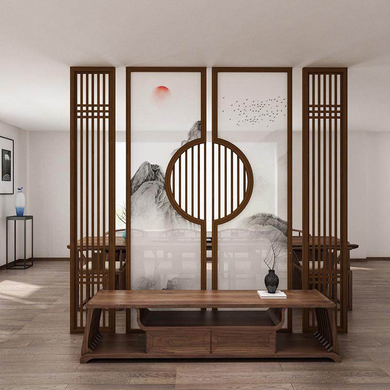 新中式屏风客厅半透乔其纱隔断墙实木玄关欧美式餐厅屏风布艺隔断