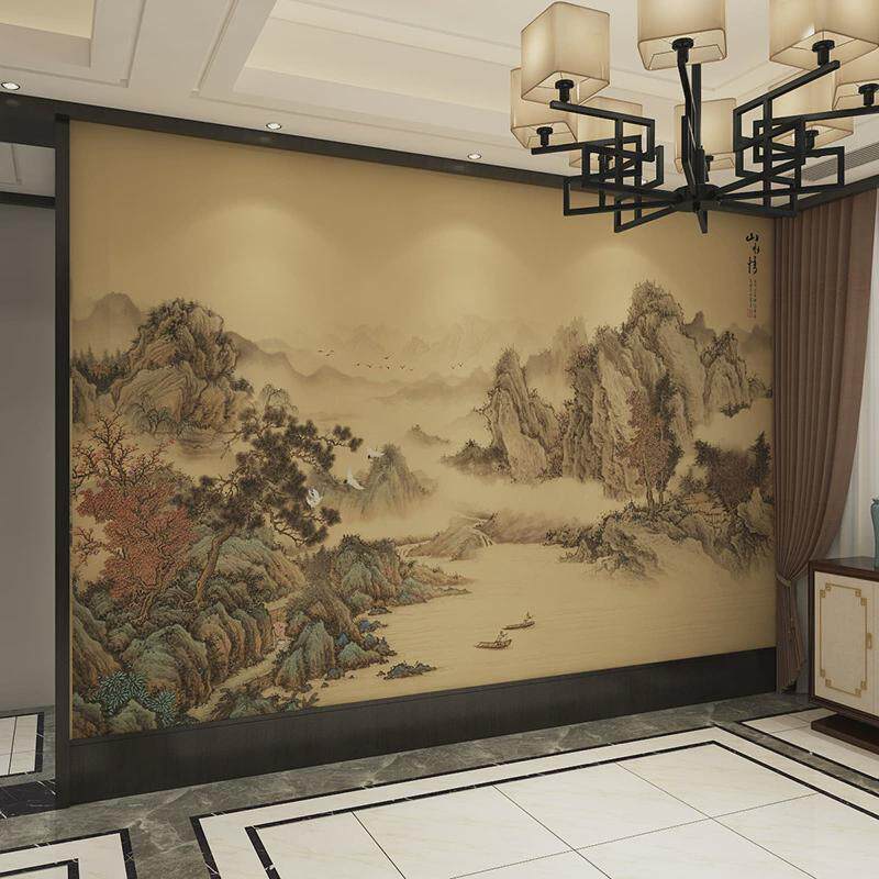 手绘古典中式墙布电视背景墙客厅沙发影视墙纸山水明清壁画水墨