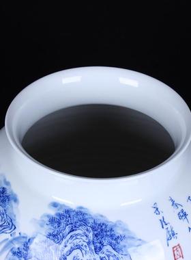 彩手绘釉下陶瓷花瓶摆件青花山水图大号冬瓜瓶家居时尚装饰