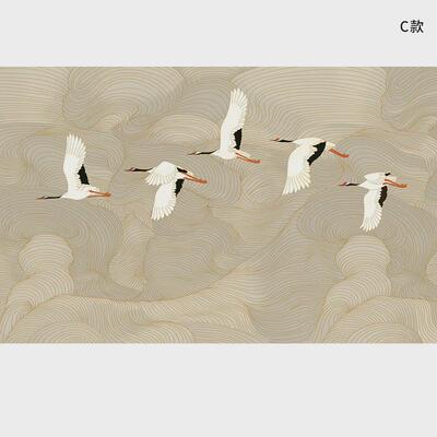 线条手绘新中式现代波浪祥云鹤群背景墙精雕立体效果温馨轻奢墙布