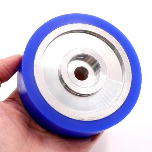 华奇定制硅胶滚轮蓝色减震耐磨铝包橡胶芯胶轮订做金属硅胶轮定做
