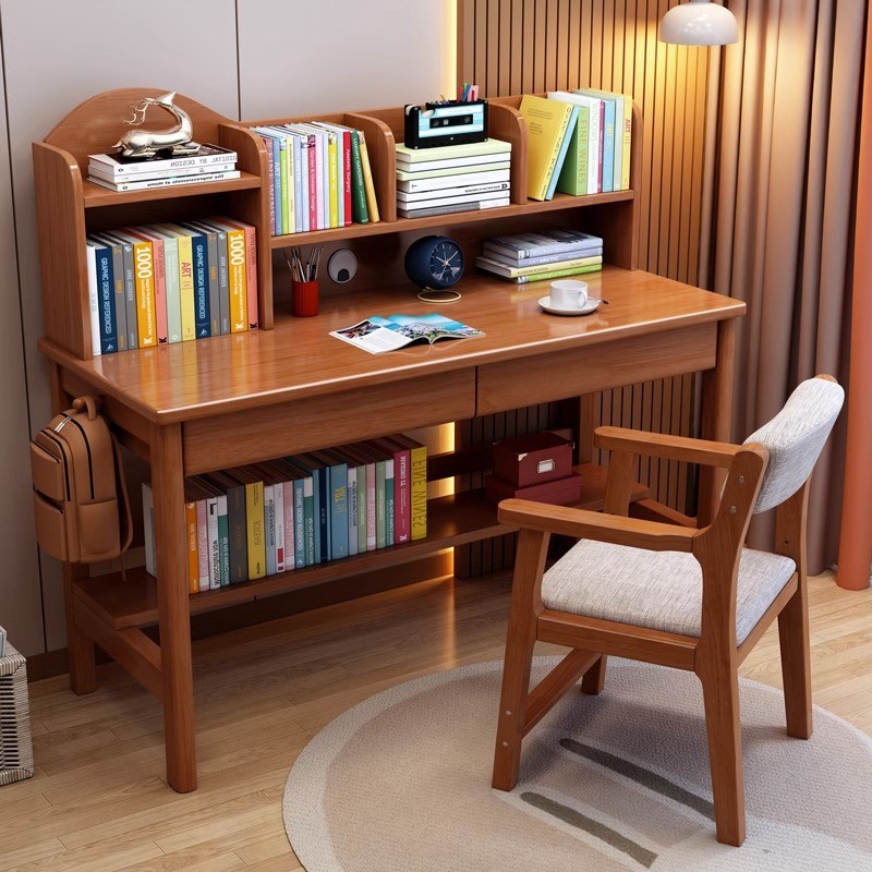 热销实木书桌书架一体儿童学习桌椅可升降家用卧室小学生写字桌男