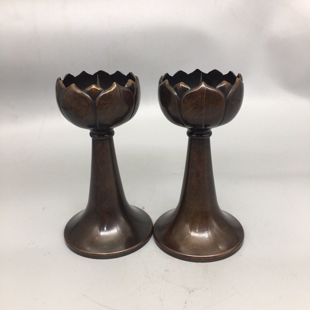 热销仿古纯铜小莲一对蜡台花包浆莲花烛台老式蜡台家居摆件古玩收