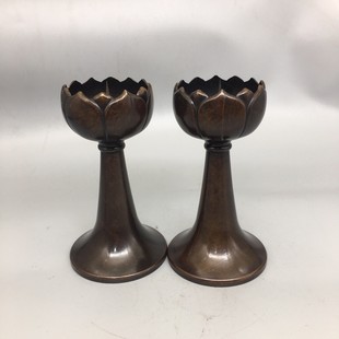 热销仿古纯铜小莲一对蜡台花包浆莲花烛台老式蜡台家居摆件古玩收