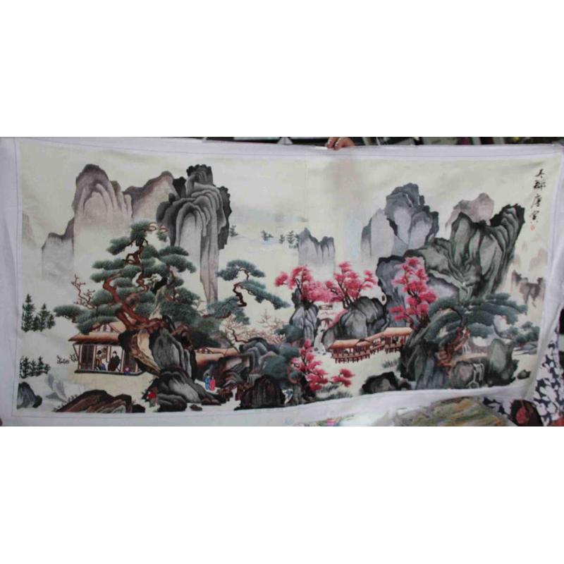 苏绣绣片客厅办公室宾馆装饰画苏州手工刺绣山水画唐寅山水图片