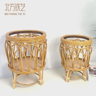 木质北欧藤编草编花篮ins花架落地式 室内客厅阳台绿植花盆