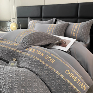 轻奢丝滑四件套夏季高级感床上用品冰丝裸睡被套床单三件套床笠款