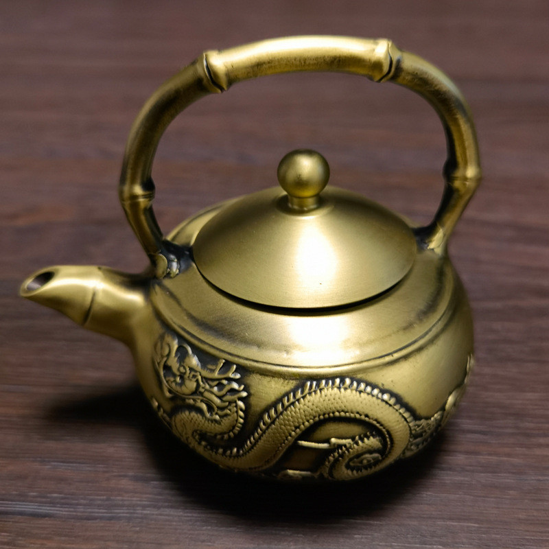 黄铜茶壶小带提手龙凤茶壶摆件手把茶壶酒壶金属工艺品中式铜茶壶
