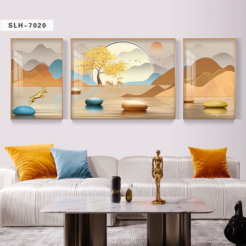 壁画客厅晶瓷装饰画大气沙发背景墙挂画高档轻奢三联晶瓷现代简约