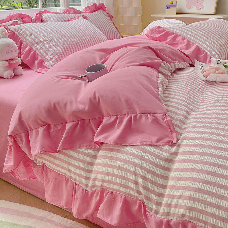 韩式花边水洗棉床上四件套ins公主风宿舍床品被套三件套床单床笠4