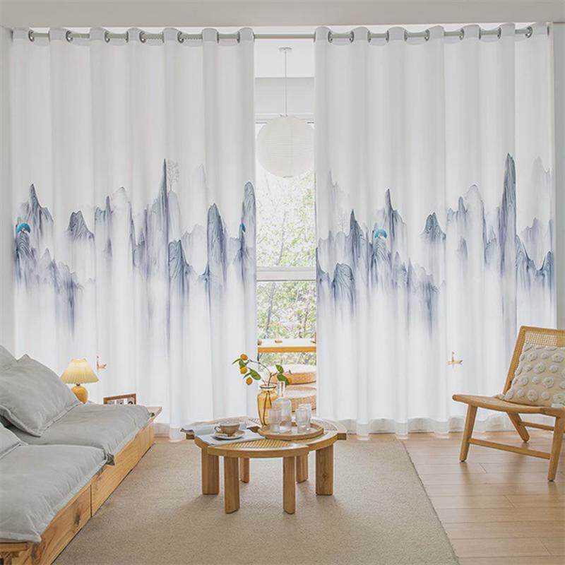 新中式山水画窗帘布遮光2024新款国风茶室办公客厅风景隔断帘屏风
