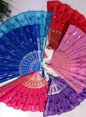 #1F13折扇布面娟布扇子塑料折叠中国风流苏旗袍走秀易开合大红舞