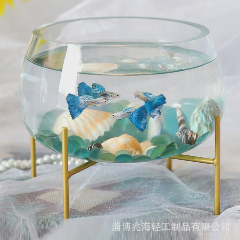 透明创意一体成型玻璃金鱼缸客厅圆形金架子乌龟缸桌面懒人水培缸