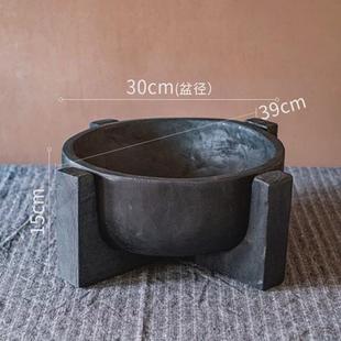饰果盘日式 掬涵碳化木花道花器黑色支架花盆花瓶侘寂风桌面装 摆件