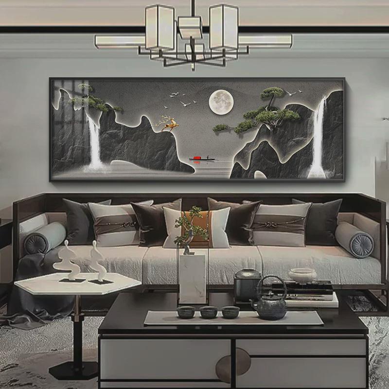 流水新中式客厅装饰画生财大气横幅沙发背景墙挂画迎客松山水壁画