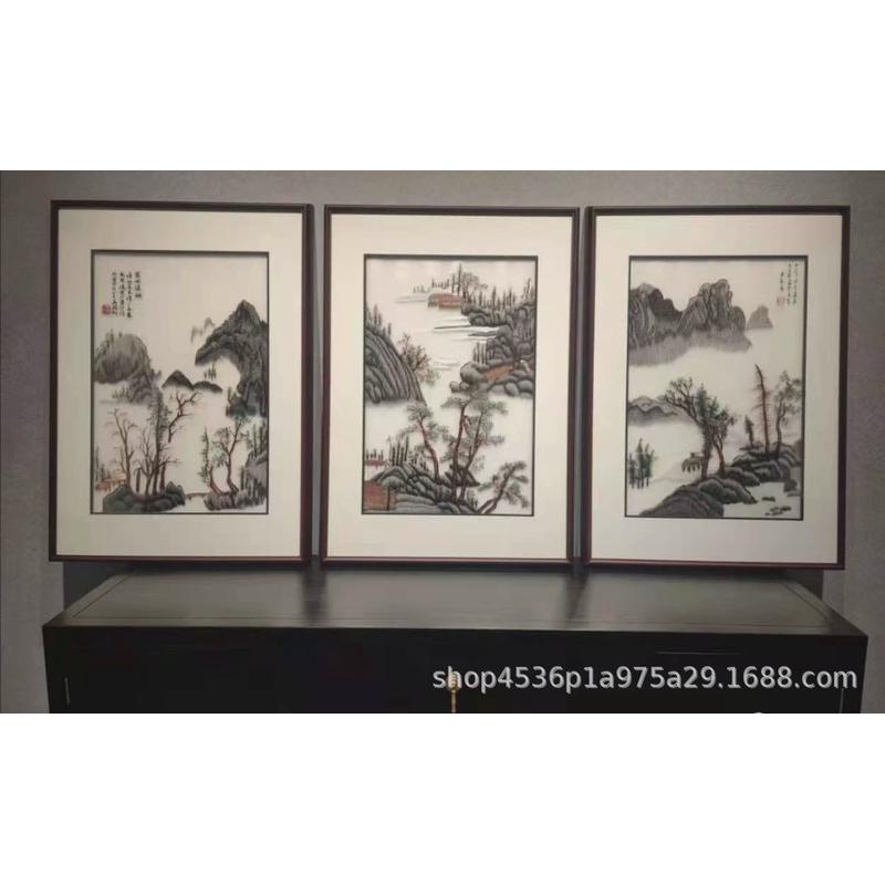 苏绣成品挂画透明丝娟刺绣新中式客厅三联经典款苏绣装饰画