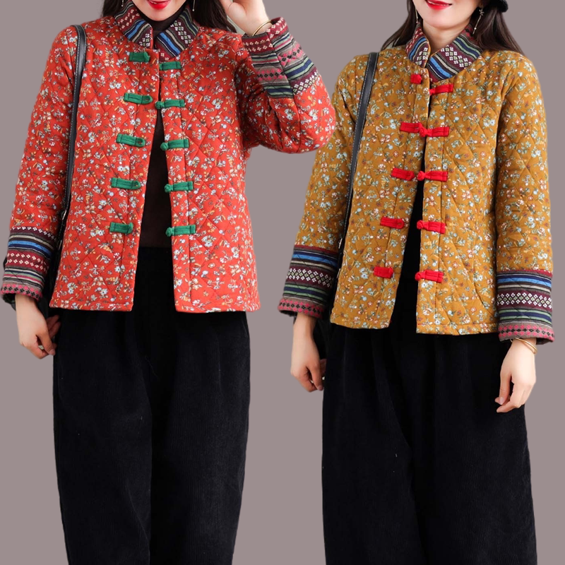 民族风妈妈装秋冬薄款小棉衣女士气质短款盘扣小棉服