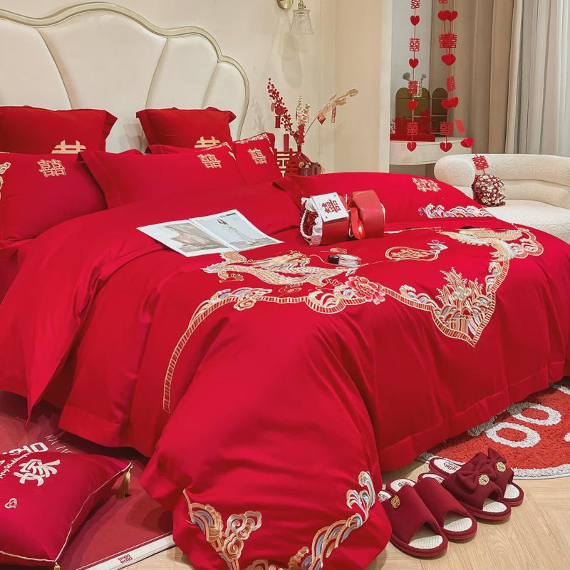 高档中式龙凤刺绣结婚四件套大红色床单被套亲肤棉喜被婚庆床品
