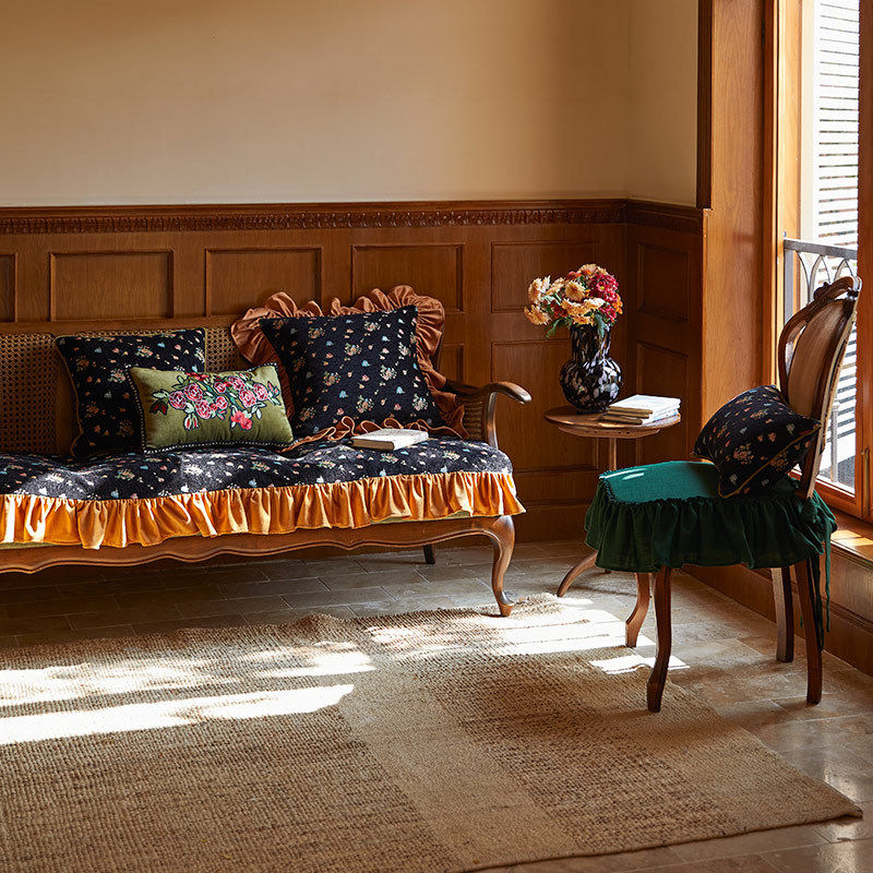 0fe9偏爱集美式玫瑰抱枕荷叶边客厅沙发法式复古绣花绿色腰枕