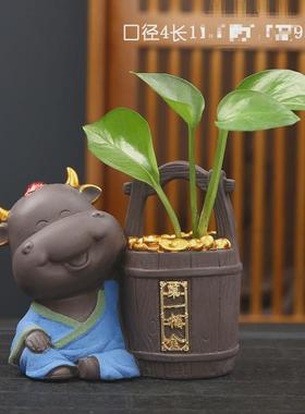 紫砂水培植物器皿茶几小摆件桌面装饰小花瓶迷你简约陶瓷插花中式