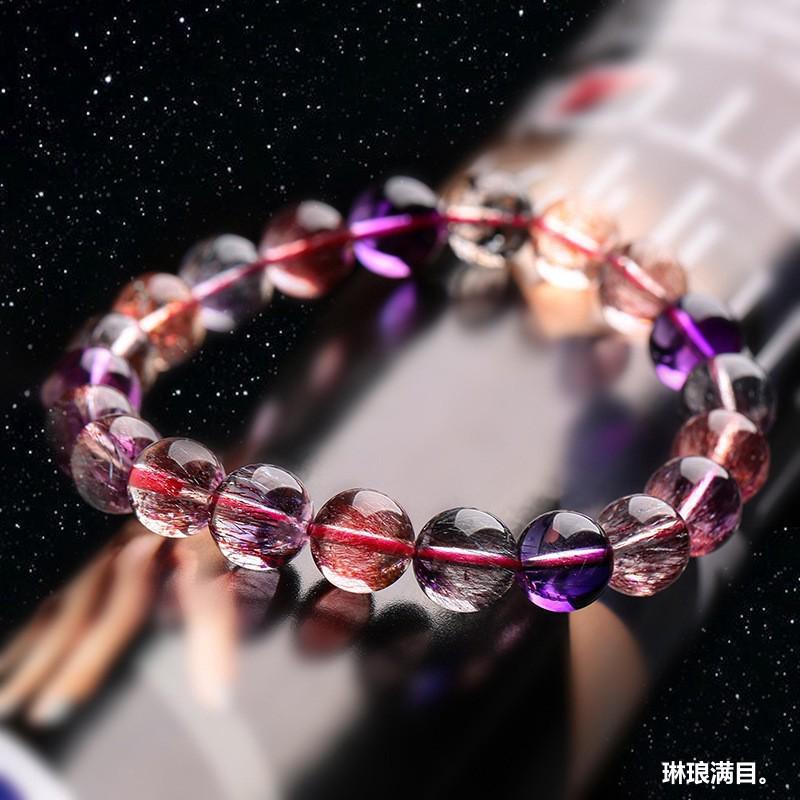 天然超七手链女款紫发晶金草莓晶手串三轮骨干水晶云母片手饰