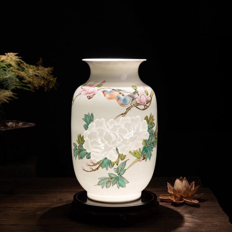 陶瓷透光薄胎手绘瓷花鸟半刀泥花瓶冬瓜瓶摆件中式客厅装饰品摆件
