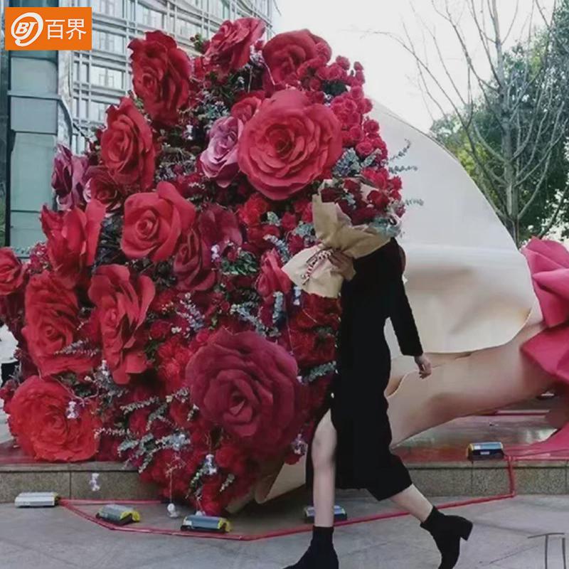 百界巨型玫瑰花束大型纸艺装饰婚礼商场道具情人节仿真花美陈花