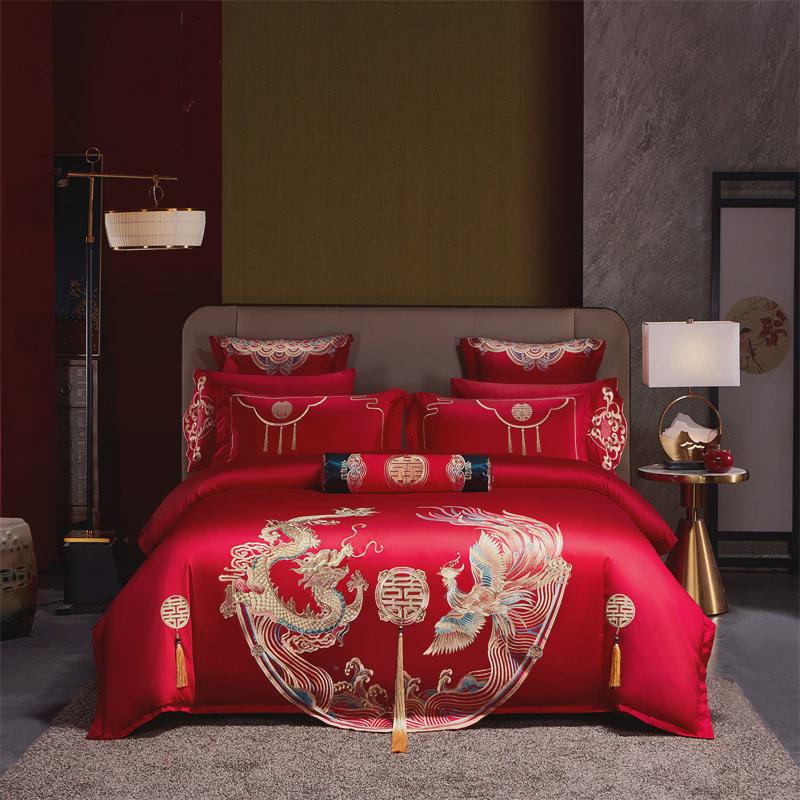 龙凤刺绣流苏吊坠中国风结婚用品大红色被套喜被备婚1.8双人床单