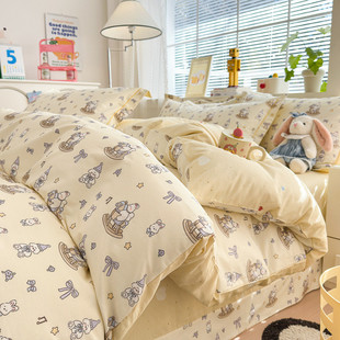 ins风花卉系列印花四件套小清新一字绣全棉圆角吊边南通直播跑量3