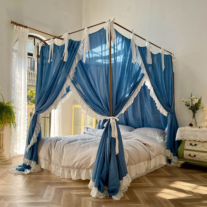 热销x1aw2023新款公主防尘亚麻宫廷落地蚊帐1.8m床家用老式架子床