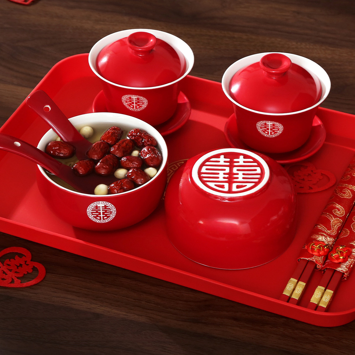 结婚用品大全陶瓷敬茶杯婚礼改口喜杯喜碗婚礼红色对碗喜庆碗筷