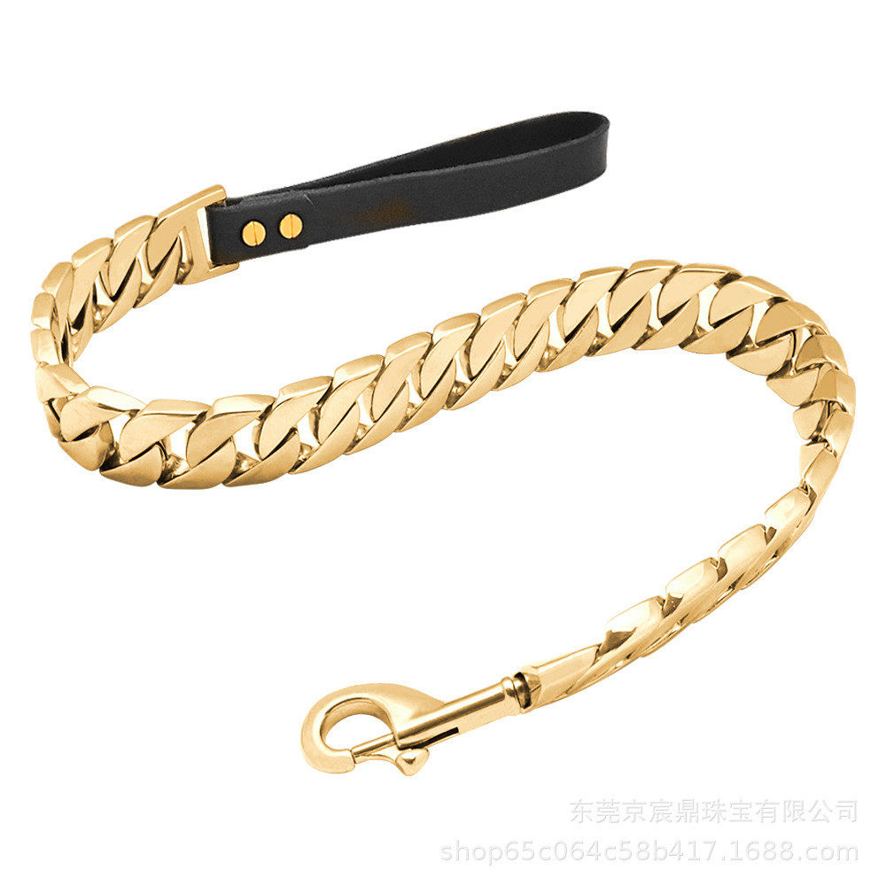 热销32mm大狗大宠物用品皮手柄牵引绳钛钢不锈钢犬铸造狗链