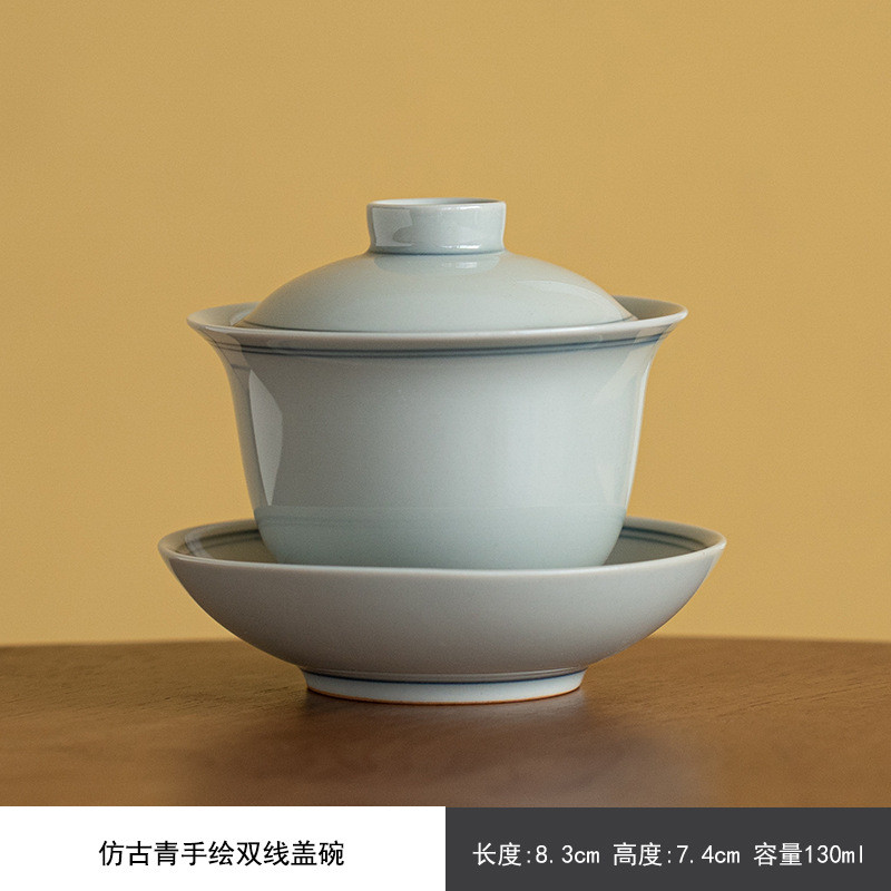 仿古手绘双线盖碗茶杯功夫茶具陶瓷玄纹茶碗高足三才盖碗敬茶碗